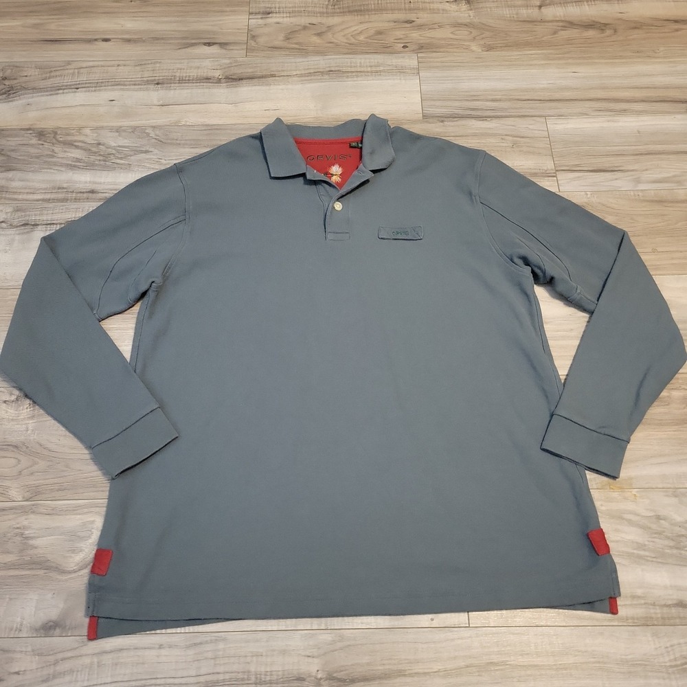 Orvis Signature Polo Shirt Men's Size Large Gray Long Sleeve Cotton
